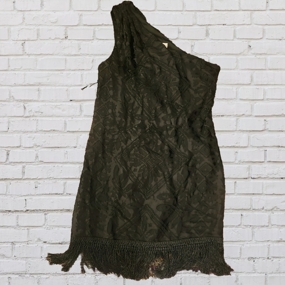 Chelsea & Violet one shoulder black fringe dress